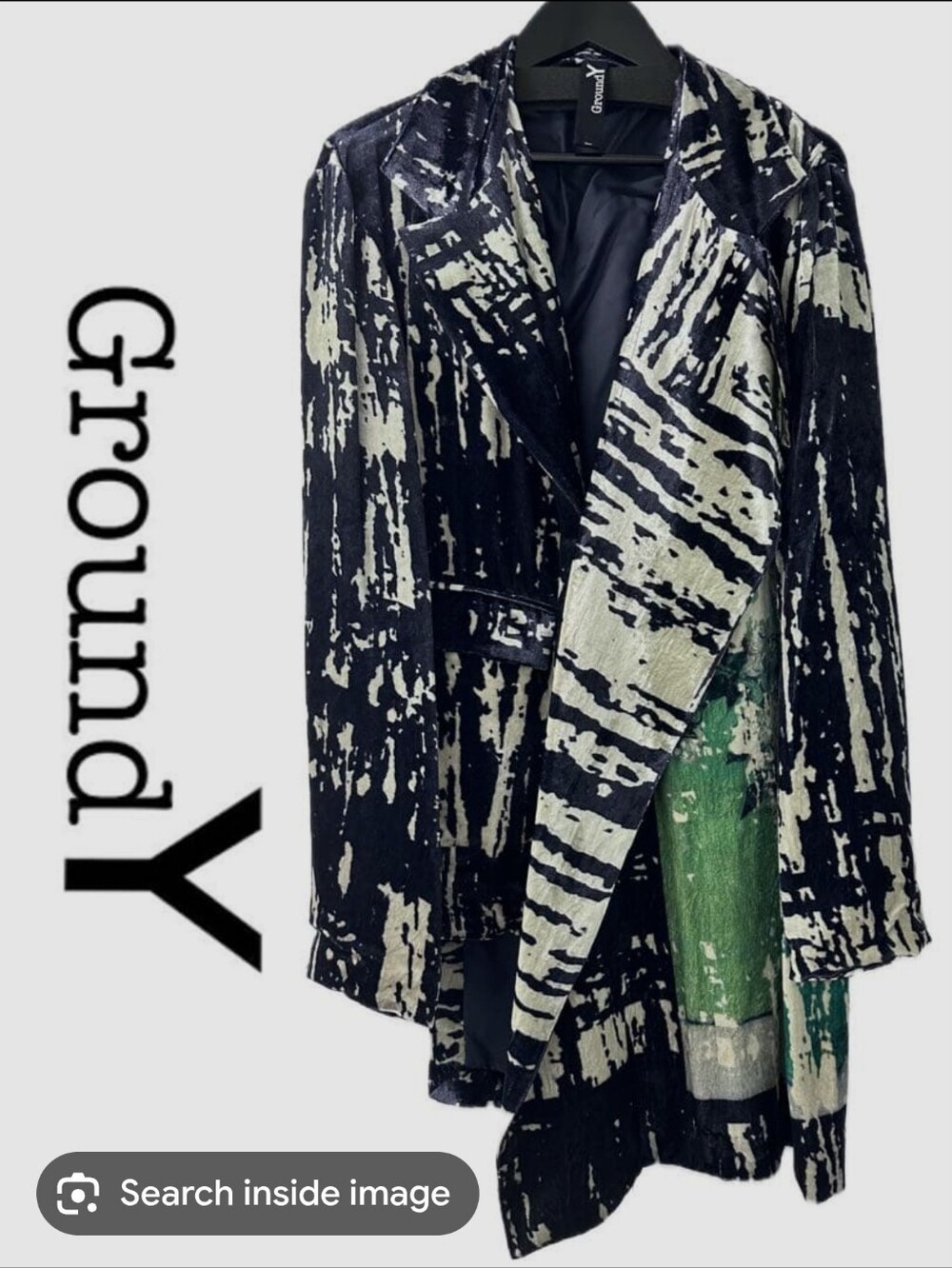 GroundY Black & Cream Abstract Velvet Blazer
